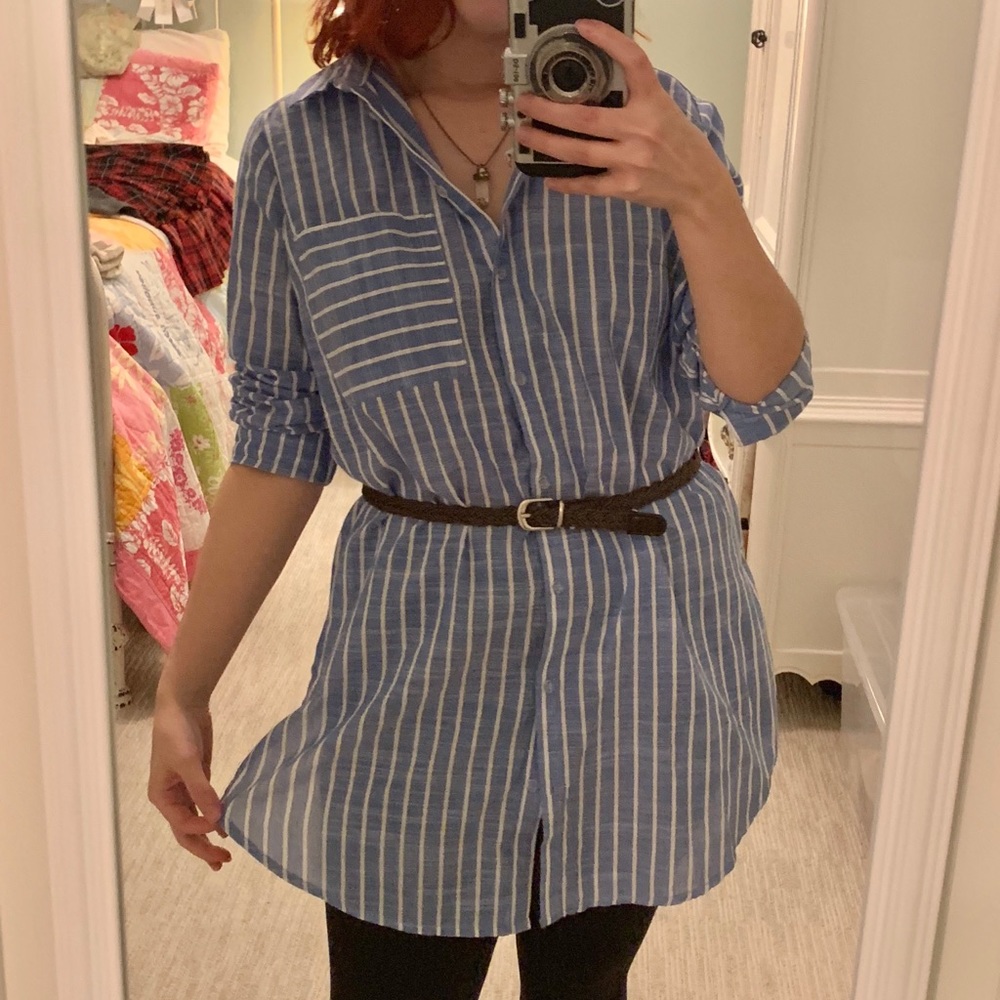 Blue white stripped linen button down tunic shirt
